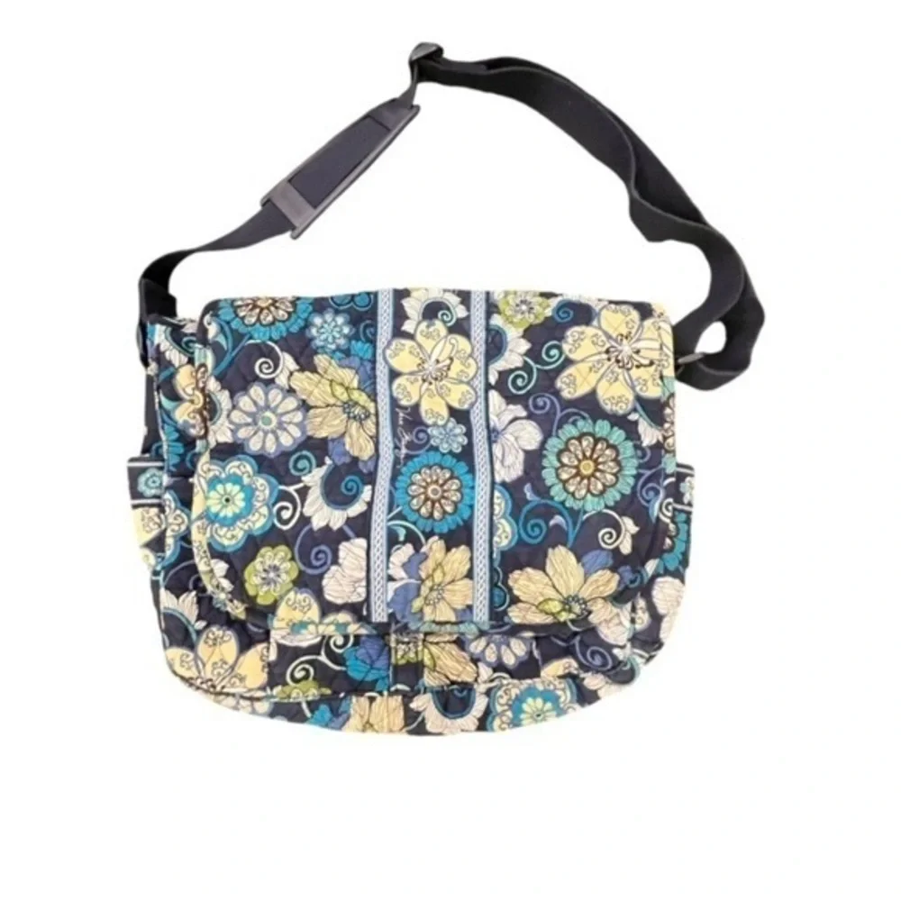 Vera Bradley Blue Messenger Bag Floral Lindsey Laptop Briefcase Book Bag 14x10x4